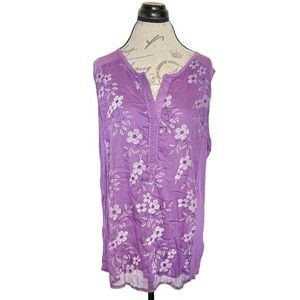 RXB Womens Blouse Purple V Neckline Sleeveless Sz 2XL Floral Embroidered Sheer
